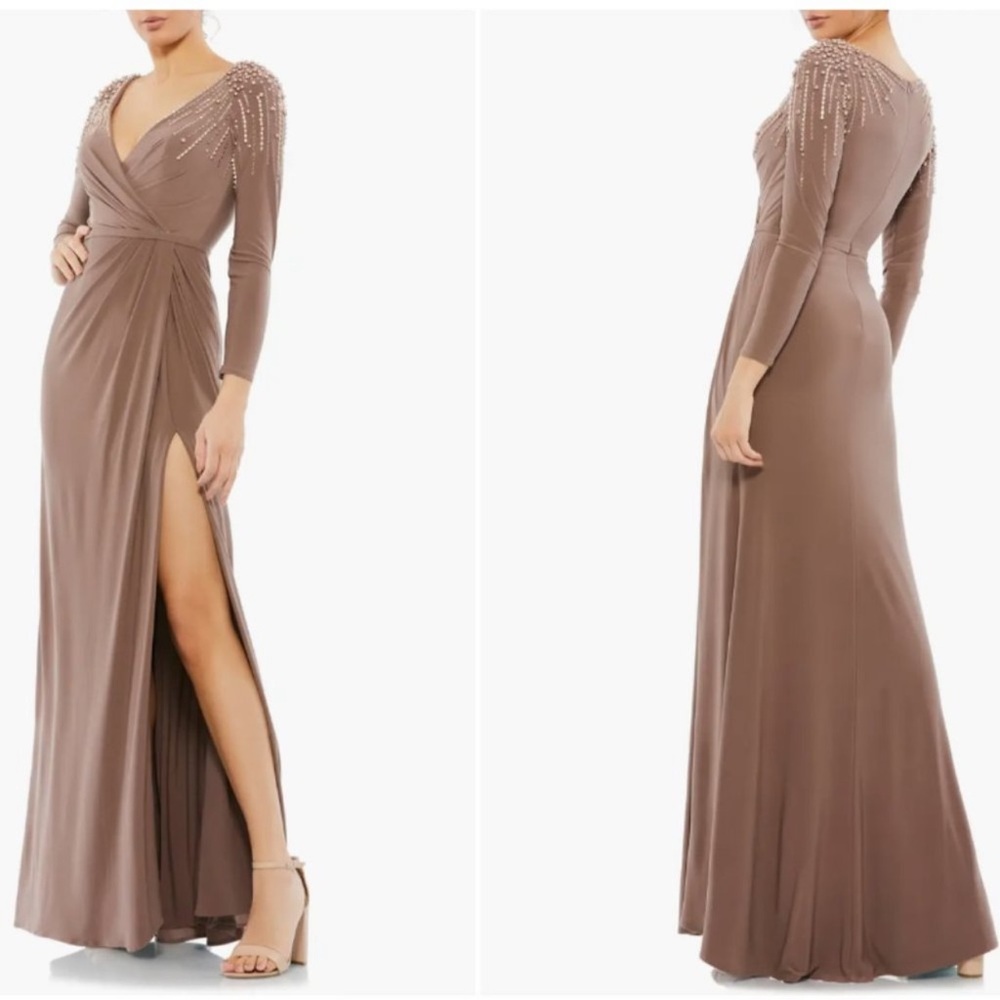 Mac Duggal Mocha Faux Wrap Long Sleeves Embellished Jersey Gown - Reemoly